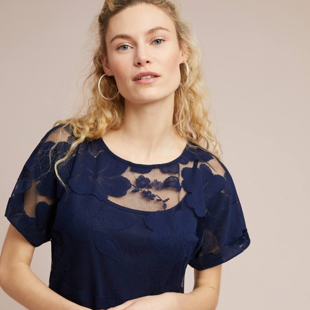 Eva Franco Anthropologie Blue Mesh Floral Peplum Top